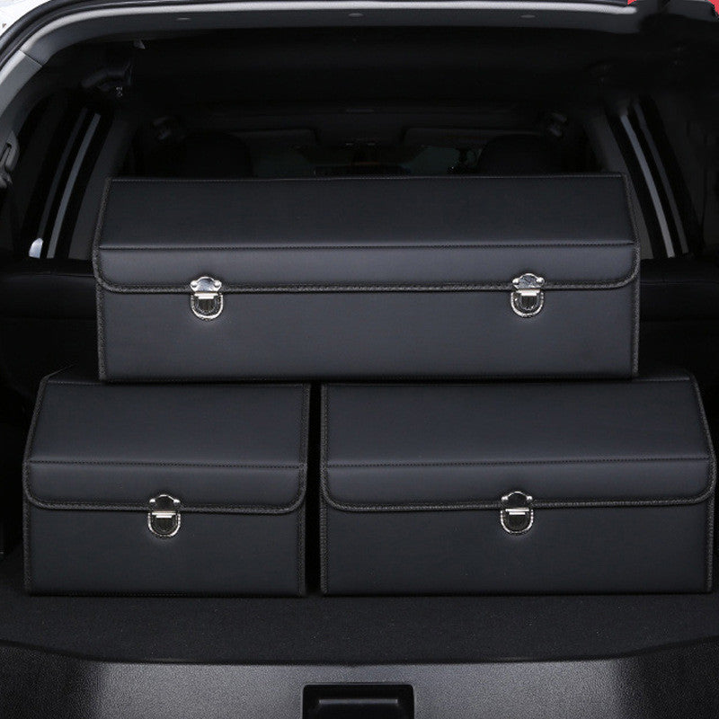 Foldable RenFan trunk car storage box in black, showing its compact, foldable design and spacious interior for vehicle organization.
