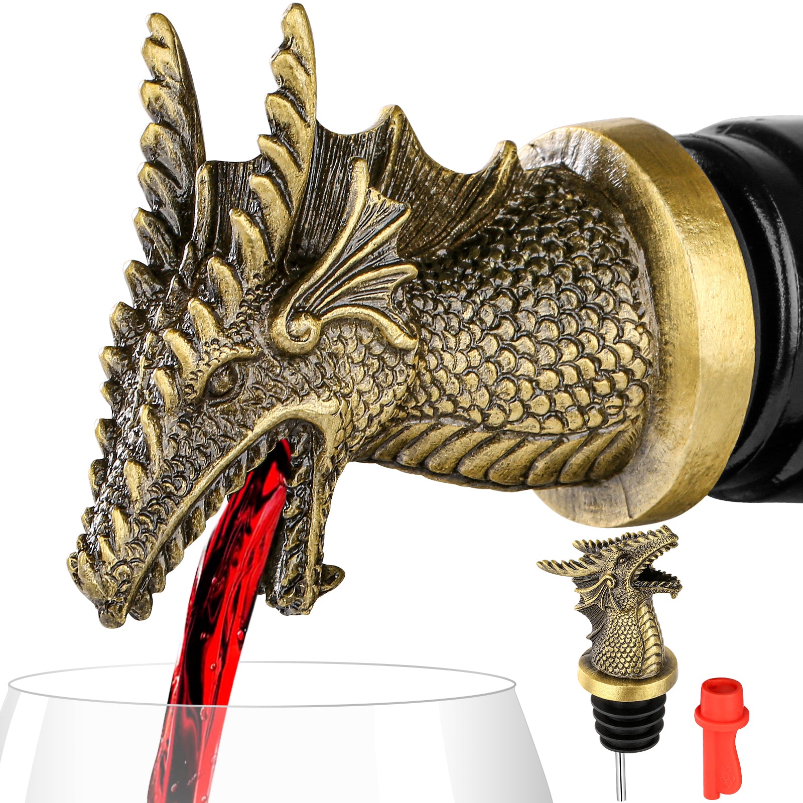 Aiqi dual function faucet dispenser and wine stopper in use, fitting on whiskey or cocktail bottles in a kitchen setting.