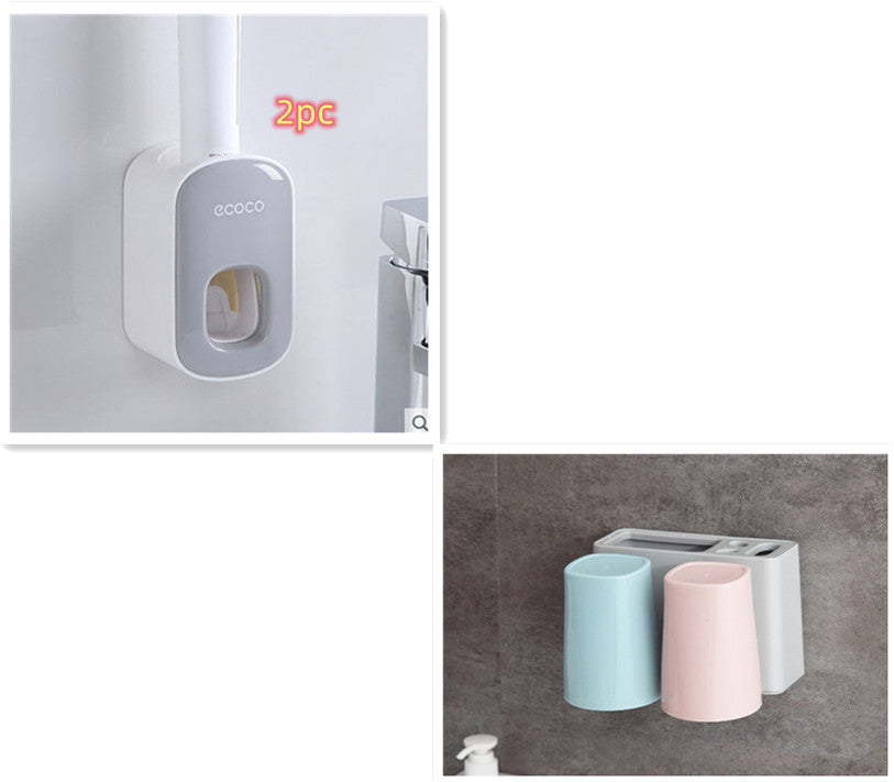 Wall-mounted automatic toothpaste dispenser and bathroom accessories set by RenFan, with sleek dispenser and organized bathroom storage.