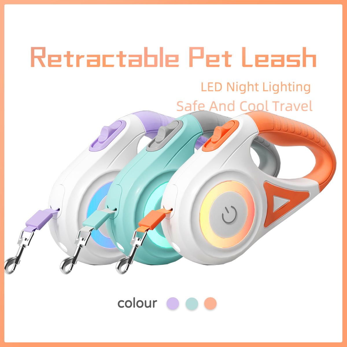 A retractable dog leash and collar set by Aiqi for small and medium pets, featuring a spotlight and traction rope for outdoor walks.
