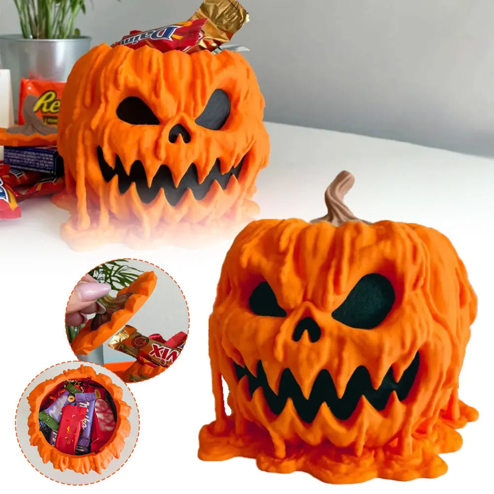 Melting Halloween Pumpkin Candy Bowl with Lid – Large Jack-o'-Lantern Treat Holder for Trick-or-Treat