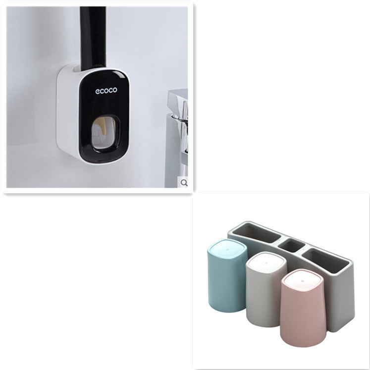 RenFan wall-mounted automatic toothpaste holder and bathroom accessories set with dispenser, sleek bathroom storage solution.