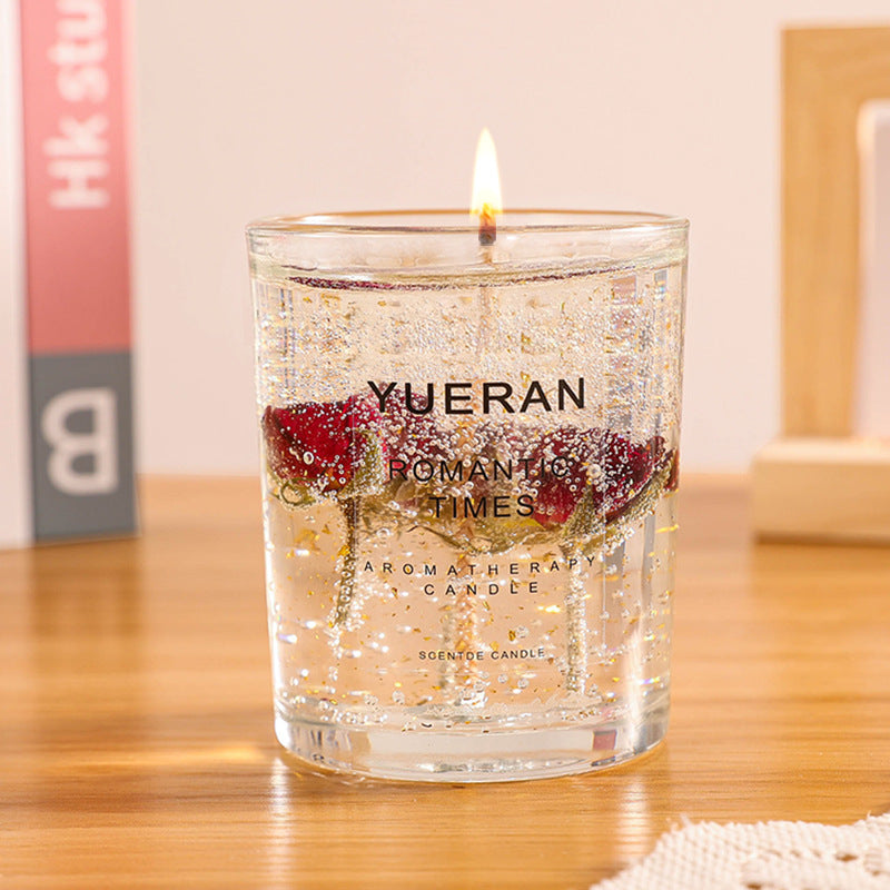 Aiqi real flower jelly aromatherapy candle with essential oil ornaments, showcasing colorful flower designs in a clear glass container.