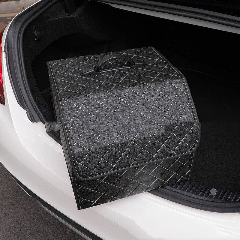 RenFan car trunk storage box, foldable organizing container for vehicle storage, shown in a spacious trunk.
