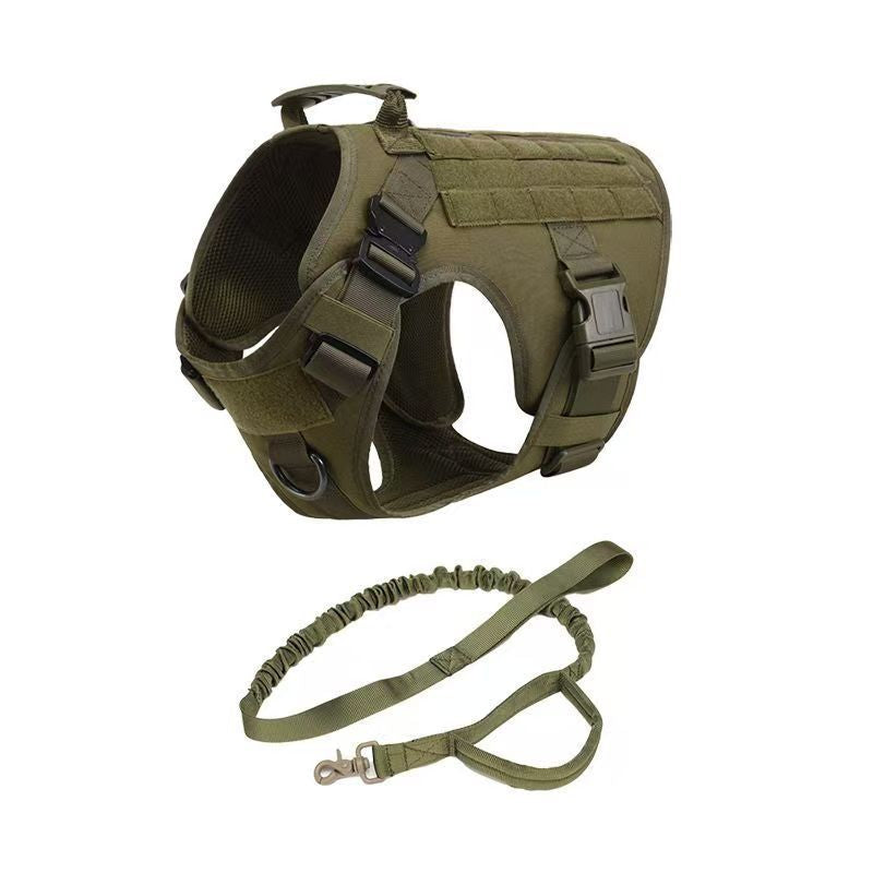 Adjustable military tactical dog harness for German Shepherd by Jingqian, featuring sturdy straps and secure fit for pets.