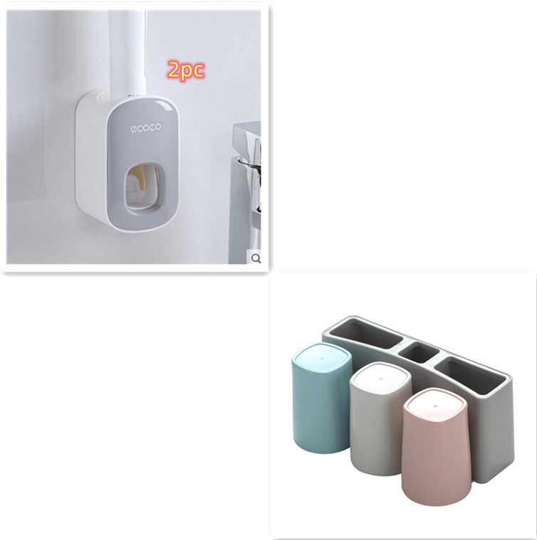 Wall-mounted automatic toothpaste holder and bathroom accessories set by RenFan, featuring a dispenser and storage space for toiletries.