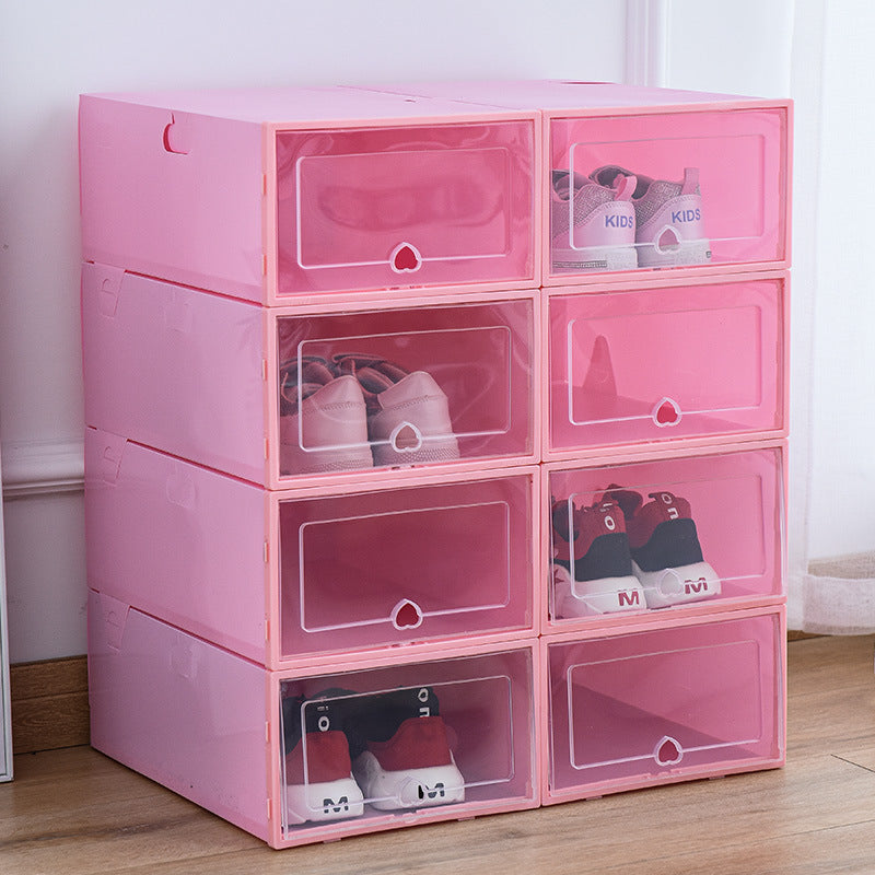 RenFan dustproof storage box with clamshell design, ideal for organizing shoes and household items on a desktop.