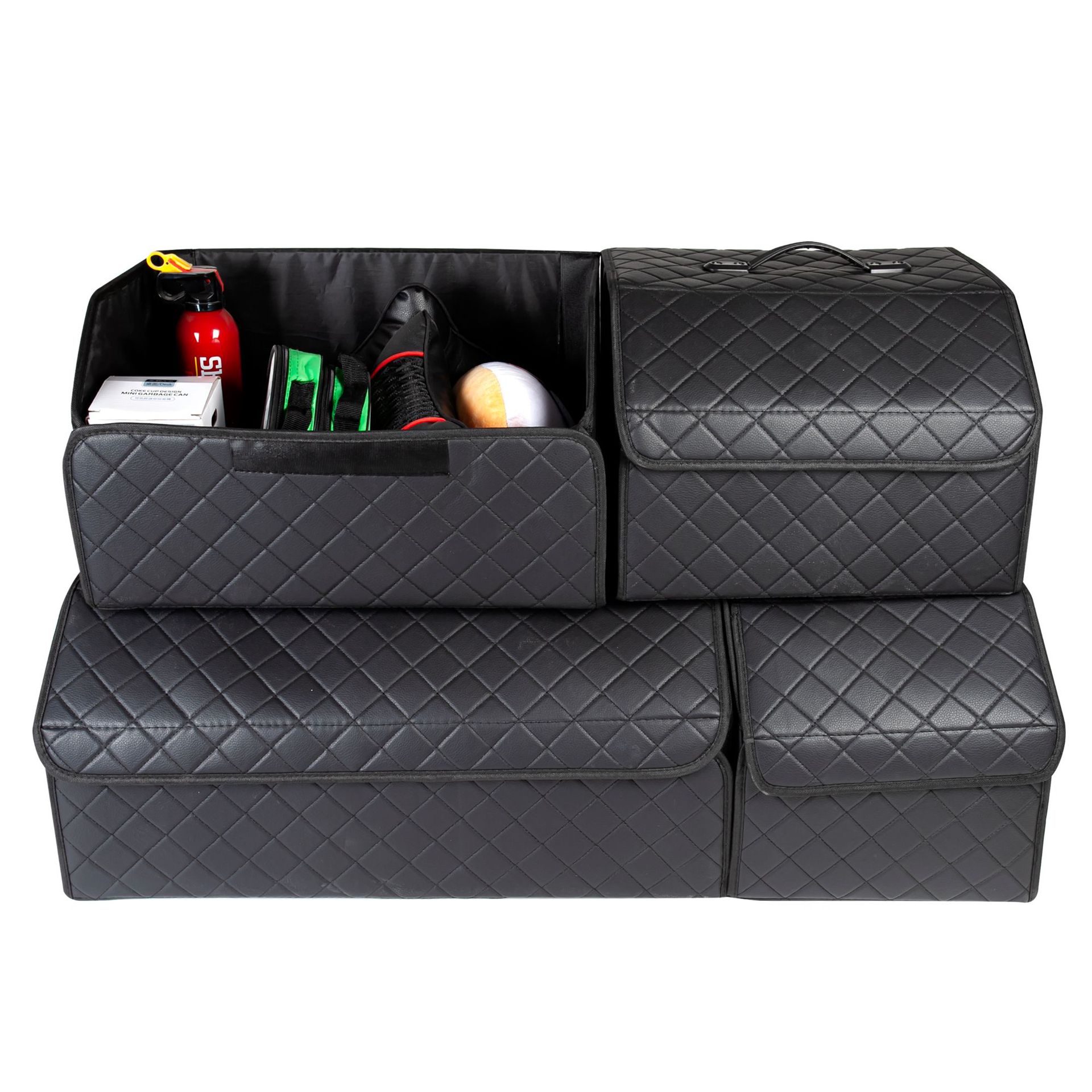 Aiqi multifunctional leather foldable car trunk and storage box in black, designed for organized vehicle storage.