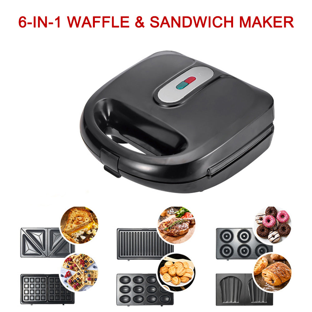 Aiqi 6-in-1 waffle maker with EU plug, versatile kitchen appliance for making waffles, sandwiches, doughnuts, and cakes.