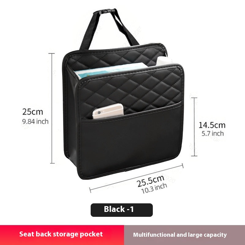 Aiqi car seat back storage bag hanging on the back of a car seat, featuring multiple compartments for organizing essentials.
