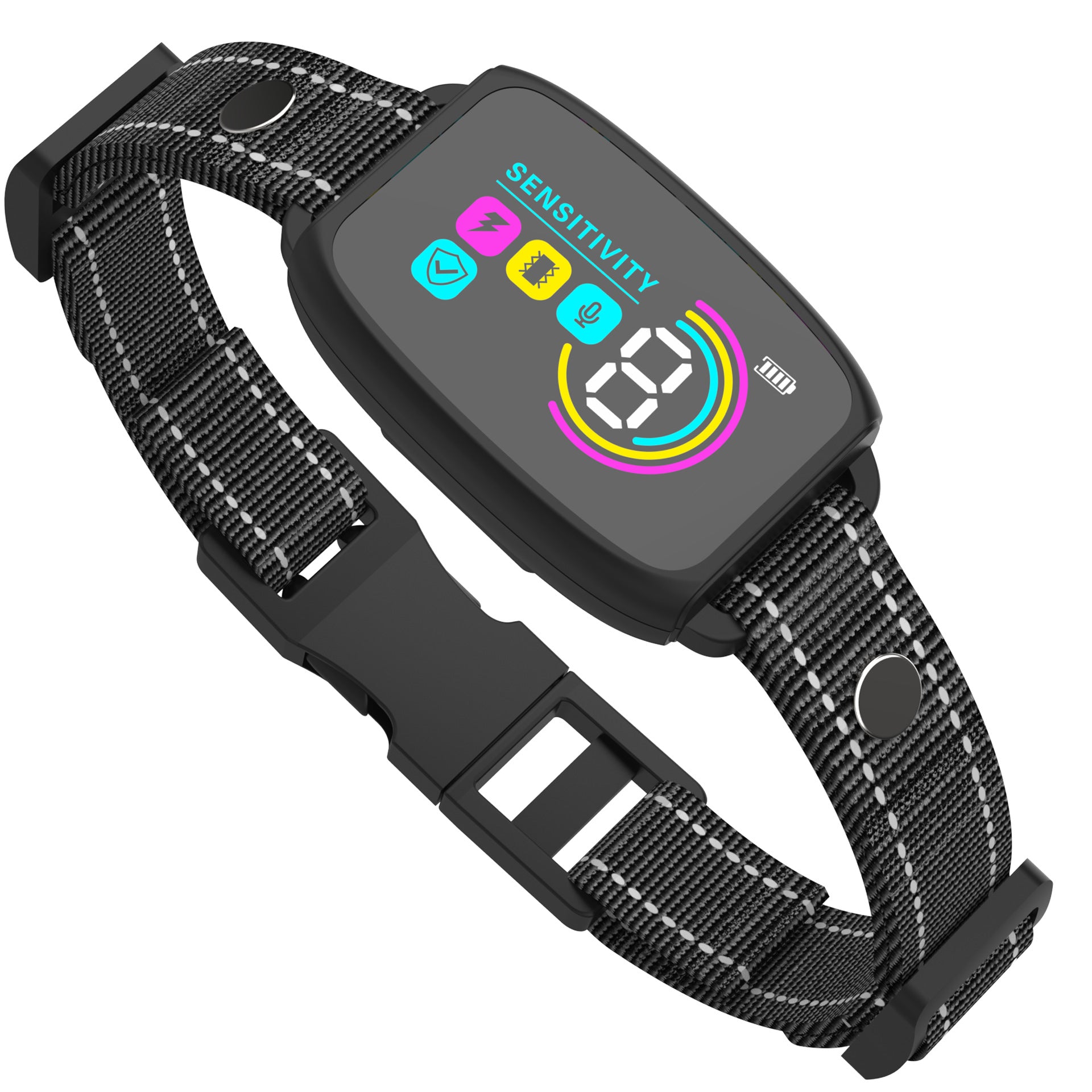 Rechargeable Jingqian smart dog collar with HD digital display, waterproof design, stops barking automatically for pets.
